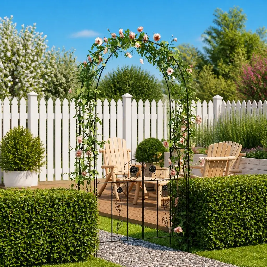 Garden Arch with Door Durable Iron Black Outdoor Trellis for Climbing Plants and Roses