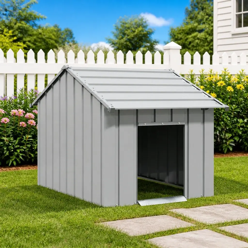 Dog Kennel Galvanised Steel Outdoor Shelter with Roof Grey 83 x 130 x 85 cm