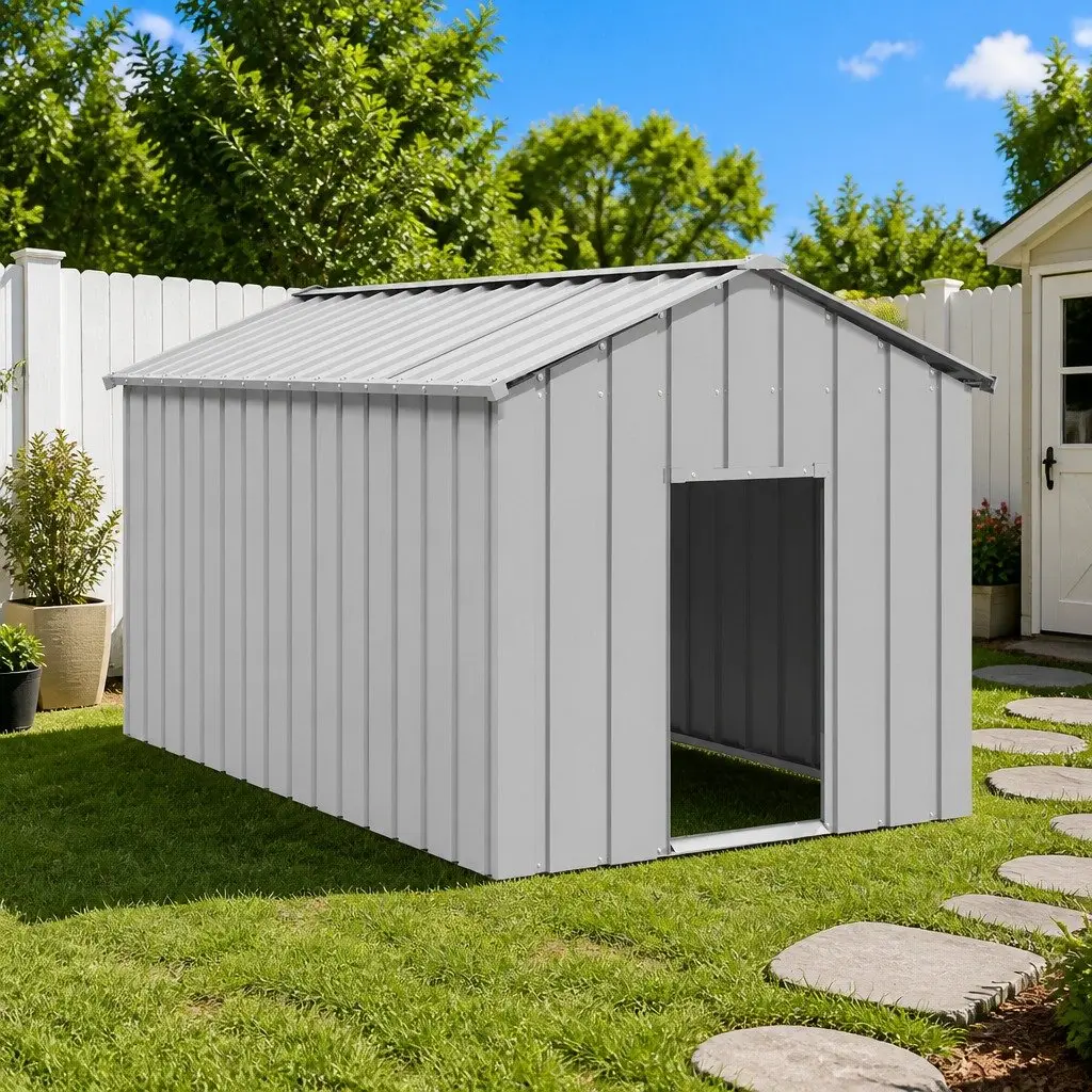 Dog House Galvanised Steel Outdoor Shelter with Roof Grey 114x202x101 cm