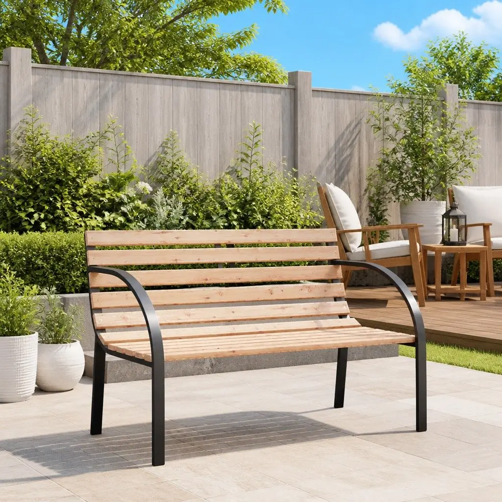 Garden Bench Wooden Slats Iron Frame 120cm Curved Armrests