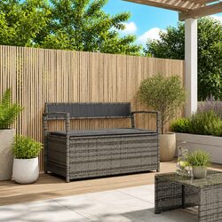 Garden Storage Bench with Cushion Outdoor Seating Poly Rattan Grey