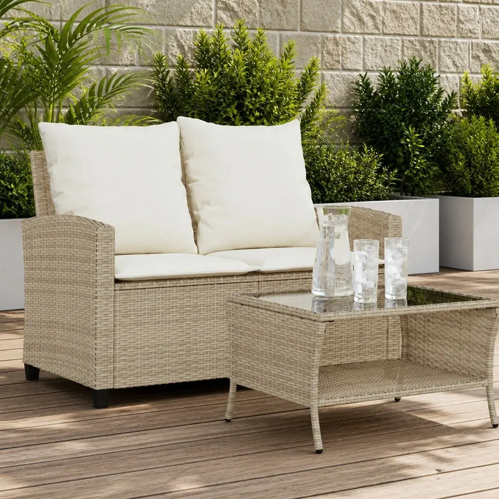 Garden Sofa 2-Seater Outdoor Lounge PE Rattan with Cushions Glass Table Beige