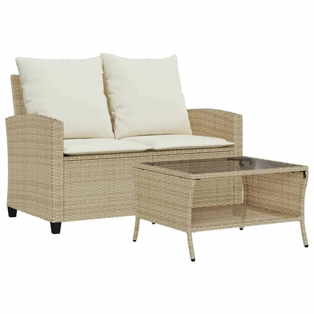 Garden Sofa 2-Seater Outdoor Lounge PE Rattan with Cushions Glass Table Beige