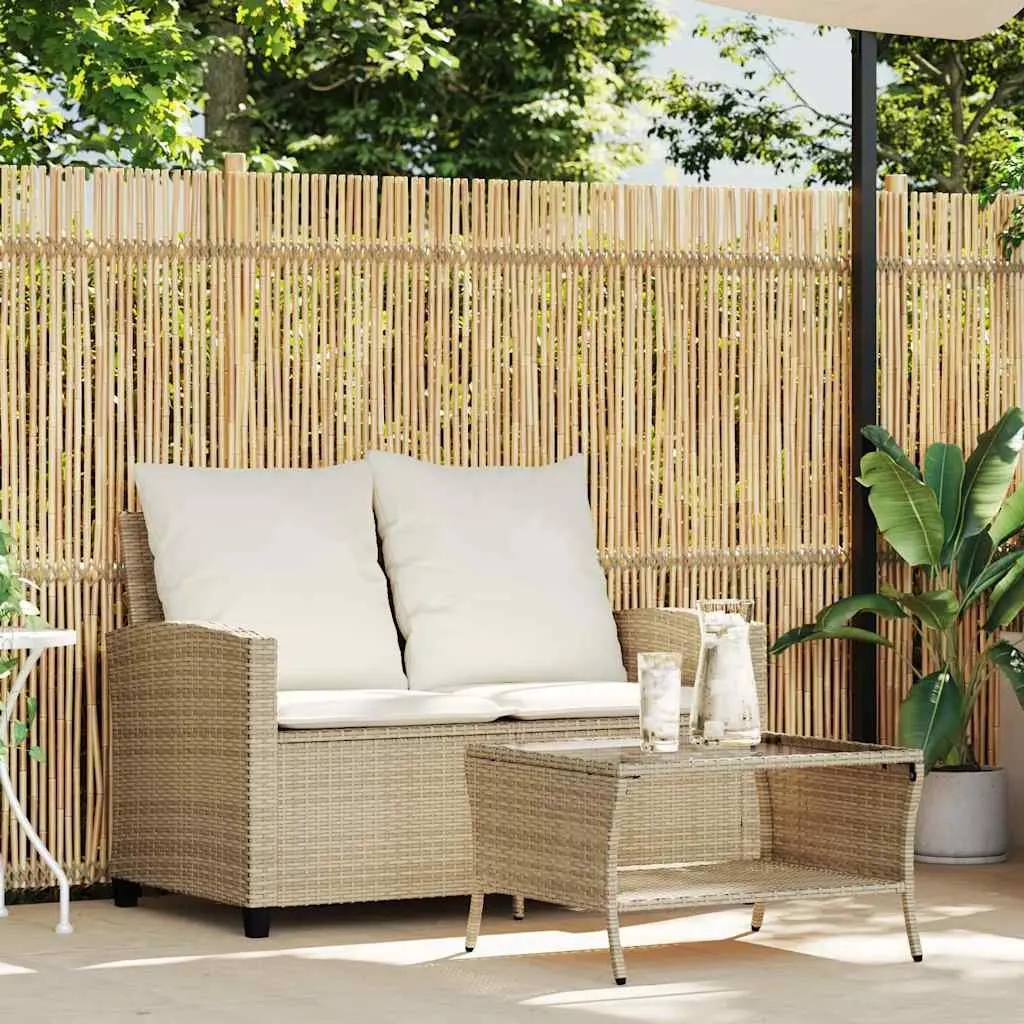 Garden Sofa 2-Seater Outdoor Lounge PE Rattan with Cushions Glass Table Beige