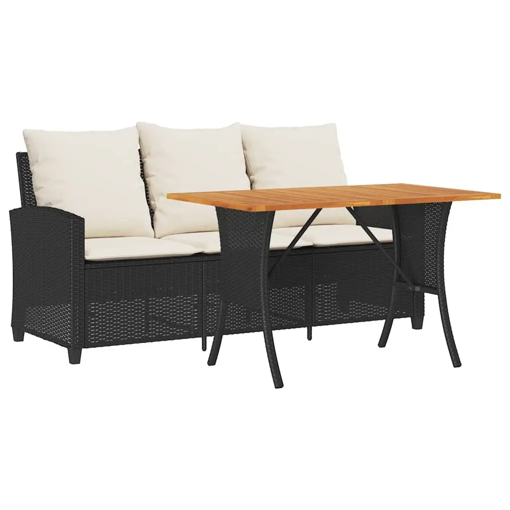 Garden Sofa 3-Seater Black Poly Rattan with Acacia Wood Table Outdoor Furniture