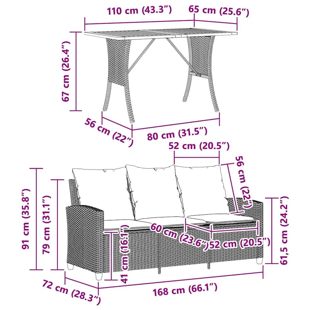 Garden Sofa 3-Seater Black Poly Rattan with Acacia Wood Table Outdoor Furniture
