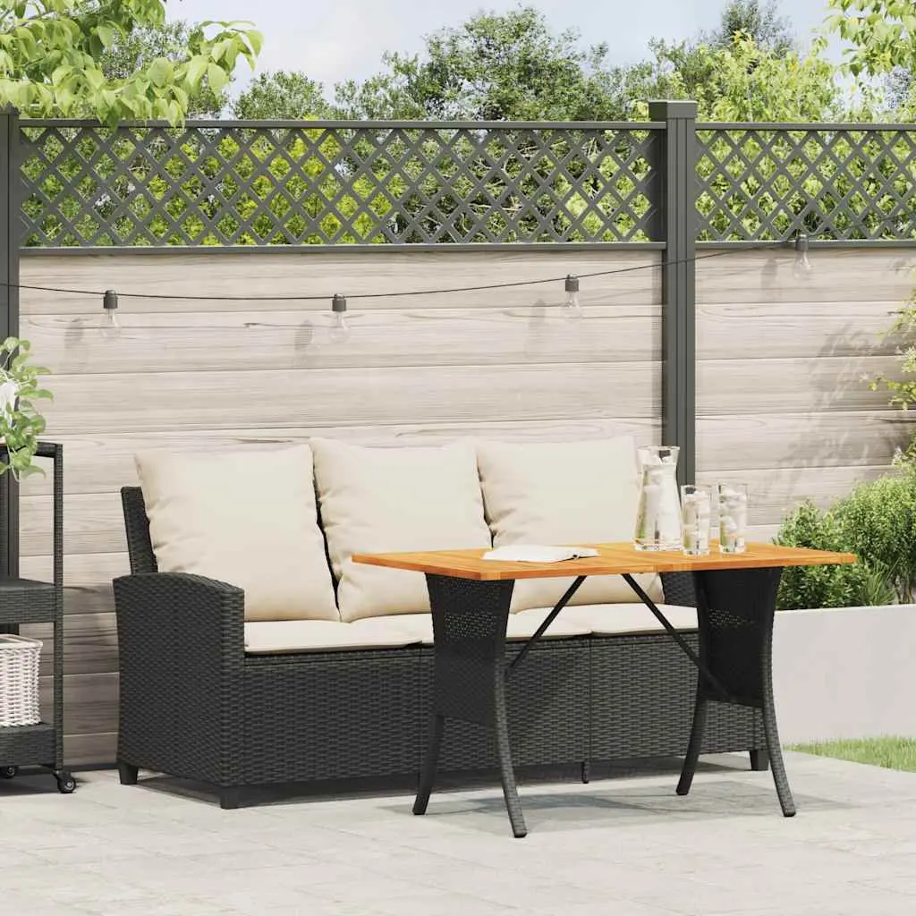 Garden Sofa 3-Seater Black Poly Rattan with Acacia Wood Table Outdoor Furniture