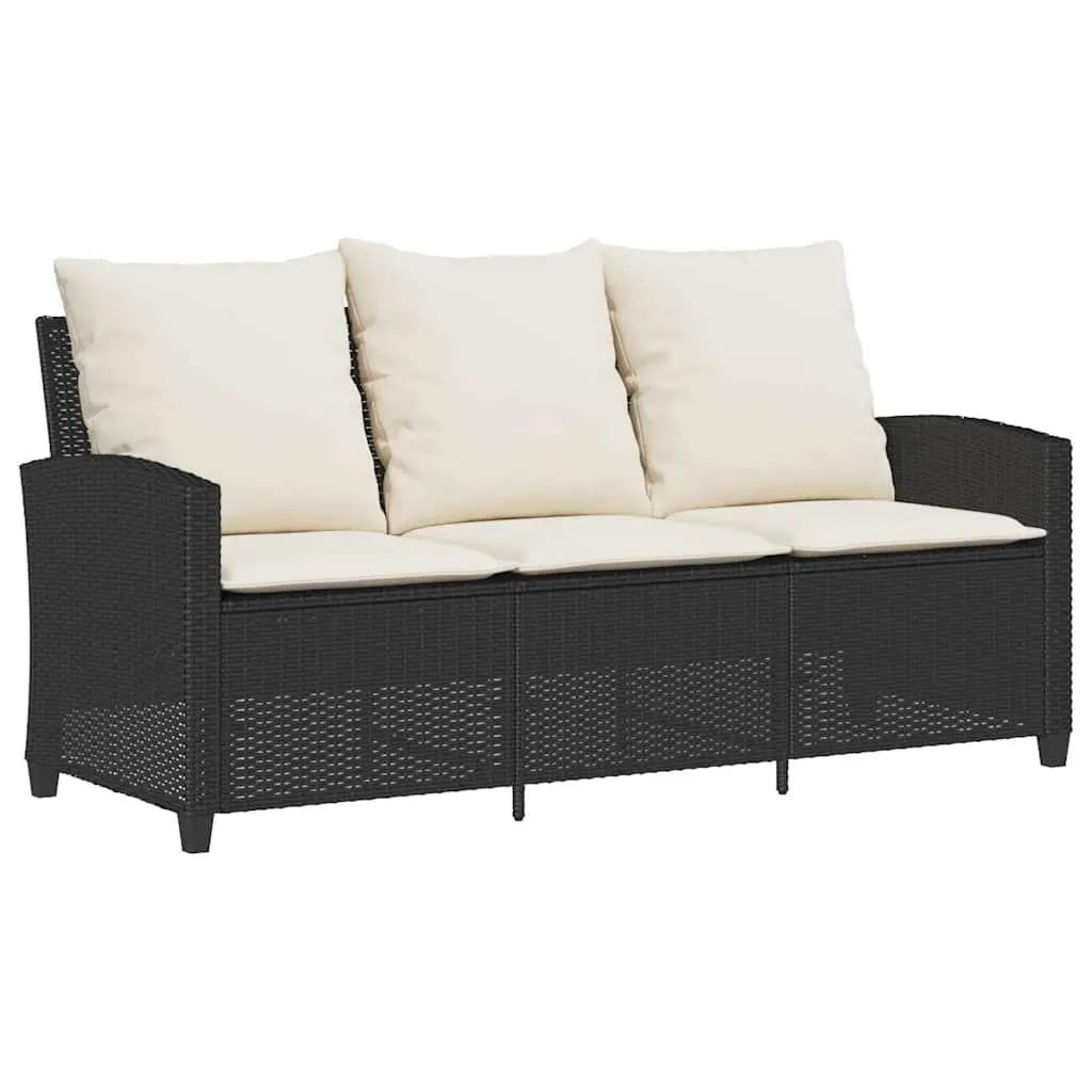 Garden Sofa 3-Seater Black Poly Rattan with Acacia Wood Table Outdoor Furniture