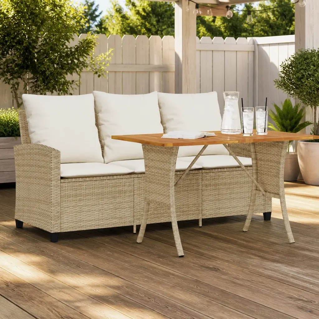 Garden Sofa 3-Seater Outdoor Beige Rattan with Cushions and Table