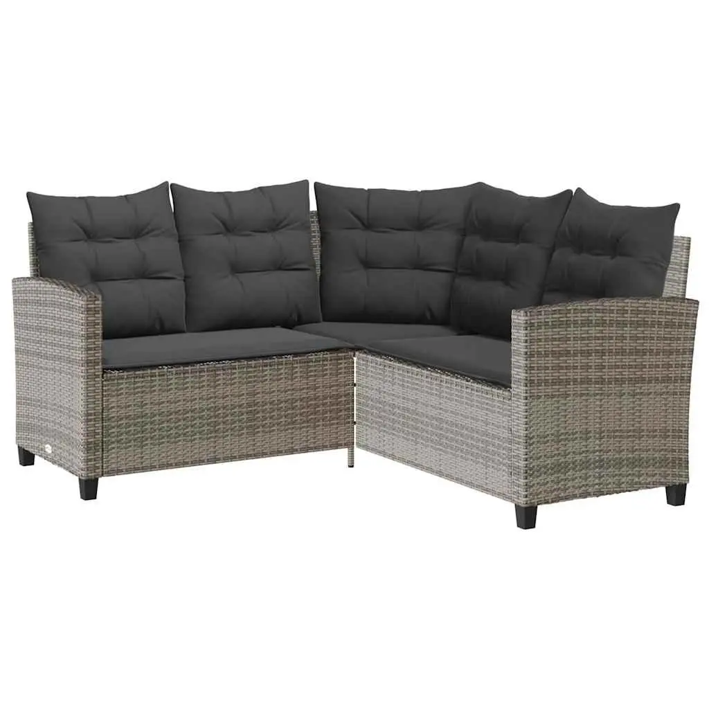 L-Shaped Garden Sofa Set Grey Poly Rattan Outdoor Lounge with Table and Cushions