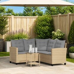 L-Shaped Garden Sofa with Table and Cushions Outdoor Patio Seating Beige Rattan