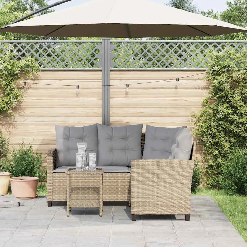 L-Shaped Garden Sofa Set with Table and Cushions Beige Poly Rattan Outdoor Corner Furniture