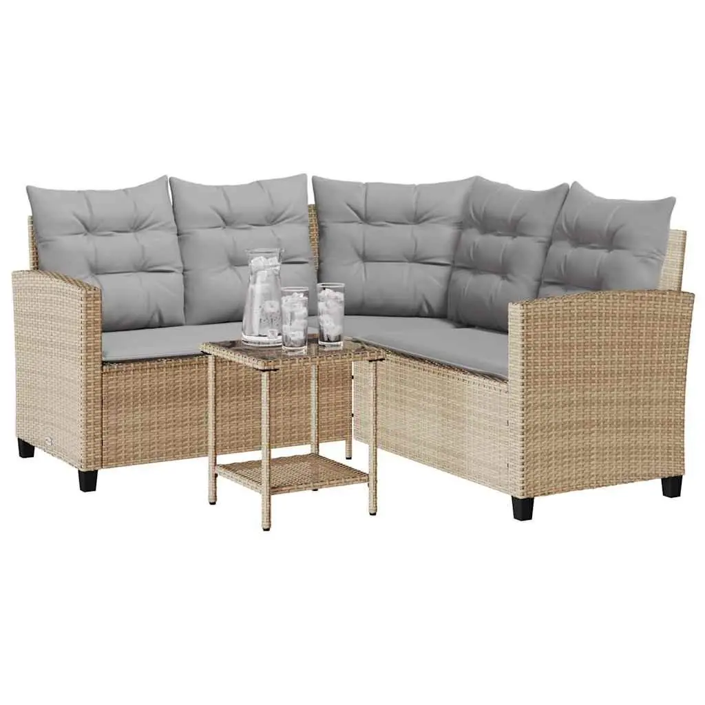 L-Shaped Garden Sofa Set with Table and Cushions Beige Poly Rattan Outdoor Corner Furniture