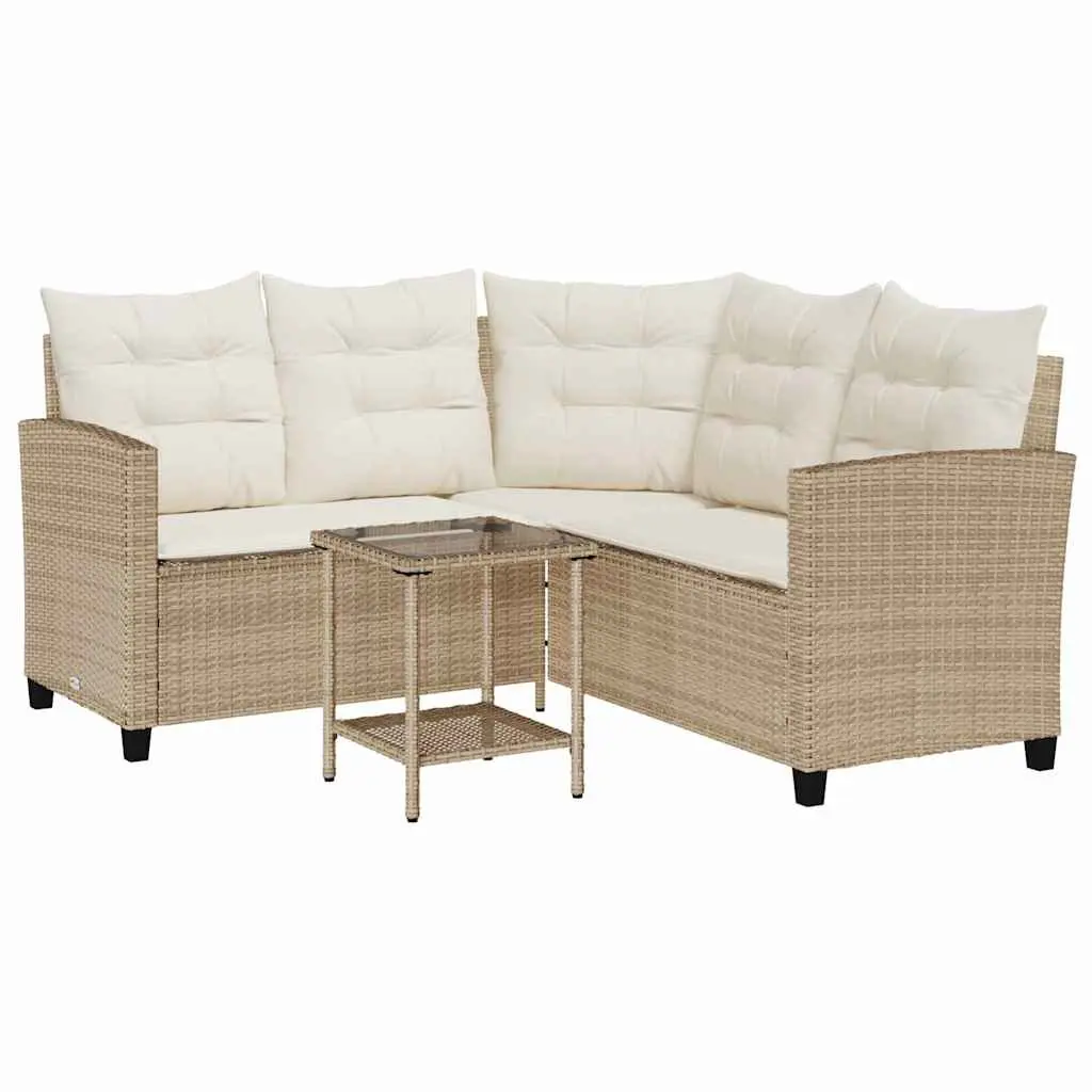 L Shaped Outdoor Sofa Set with Cushions and Table Beige Poly Rattan Garden Furniture