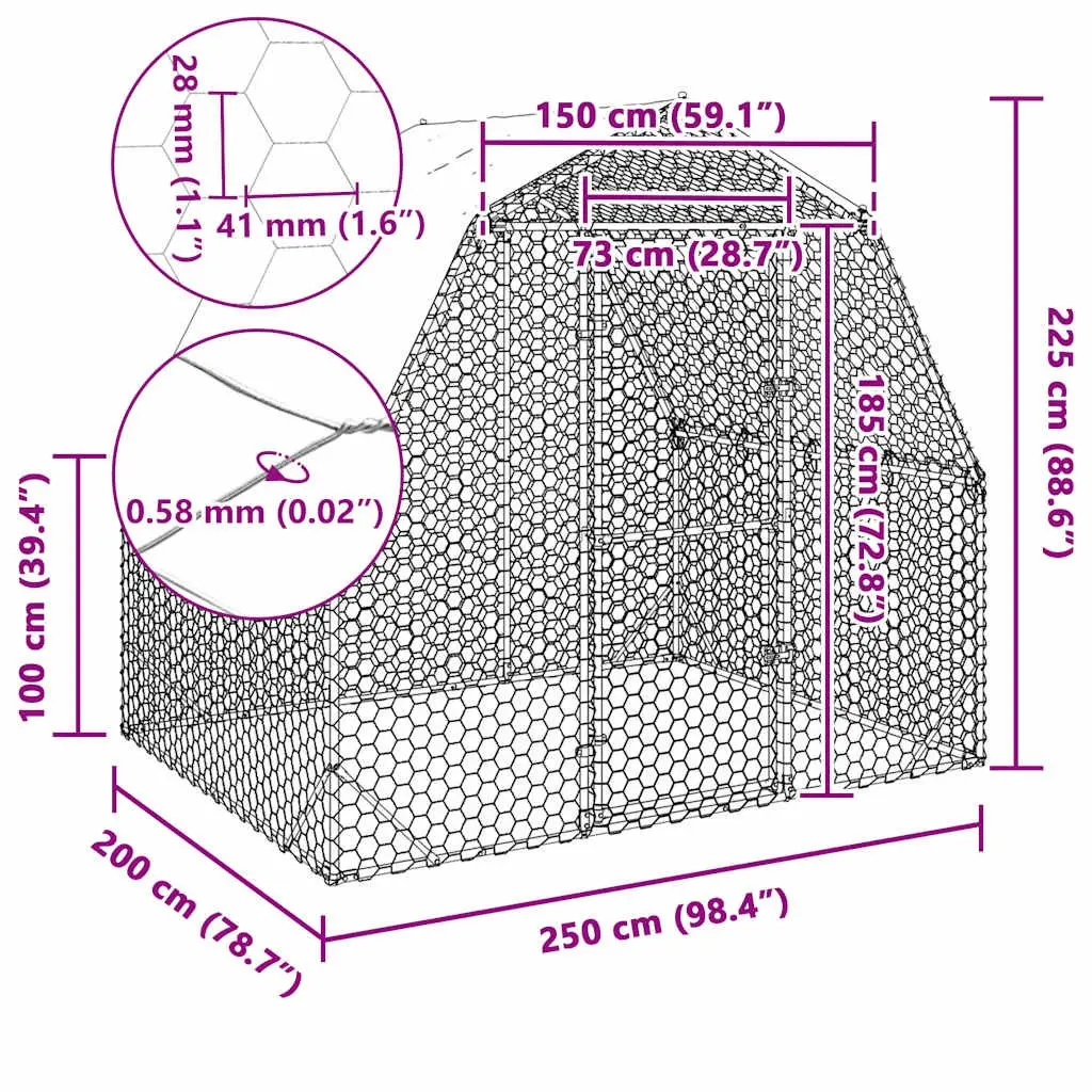 Chicken Run with Roof Hexagonal Mesh 2.5x2x2.25m Silver