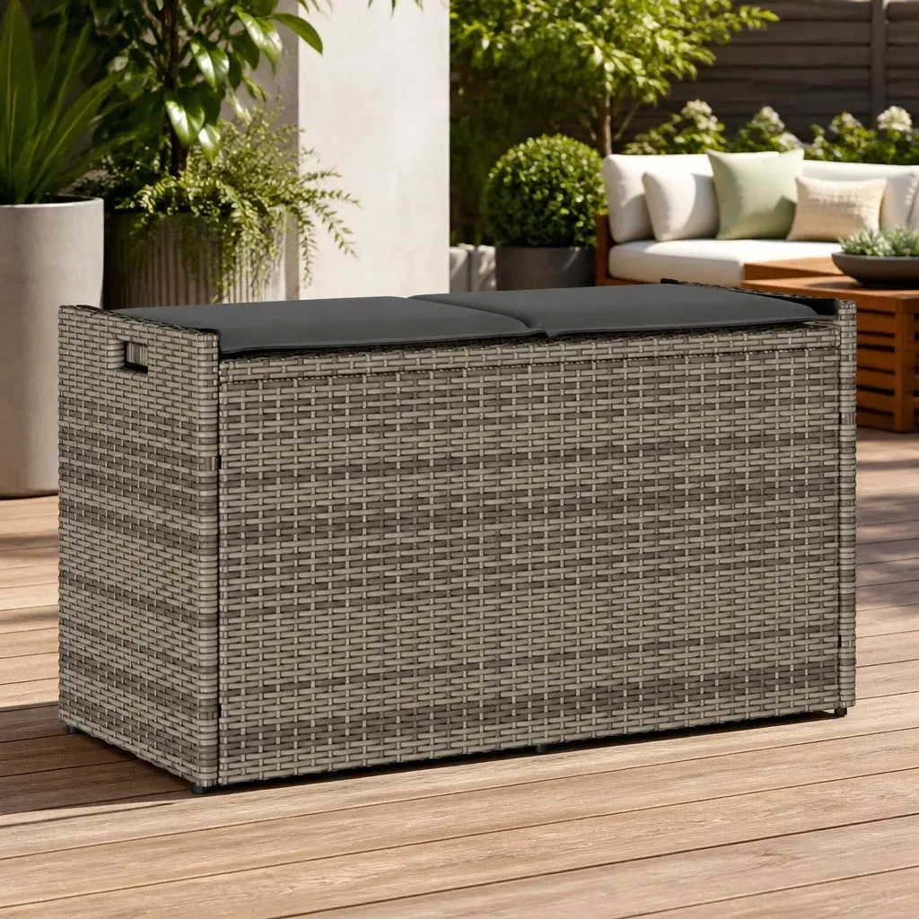 Outdoor Storage Bench Poly Rattan Grey 100cm with Cushion