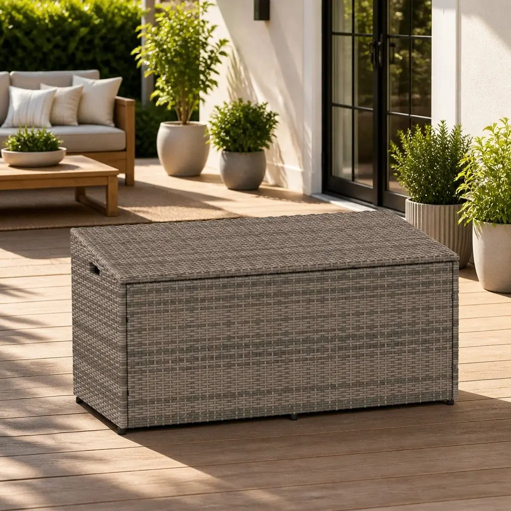 Garden Storage Box Outdoor Furniture Grey PE Rattan 110x50x58cm