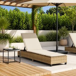 Sun Lounger with Cushions Beige Adjustable Backrest Outdoor Reclining Chair