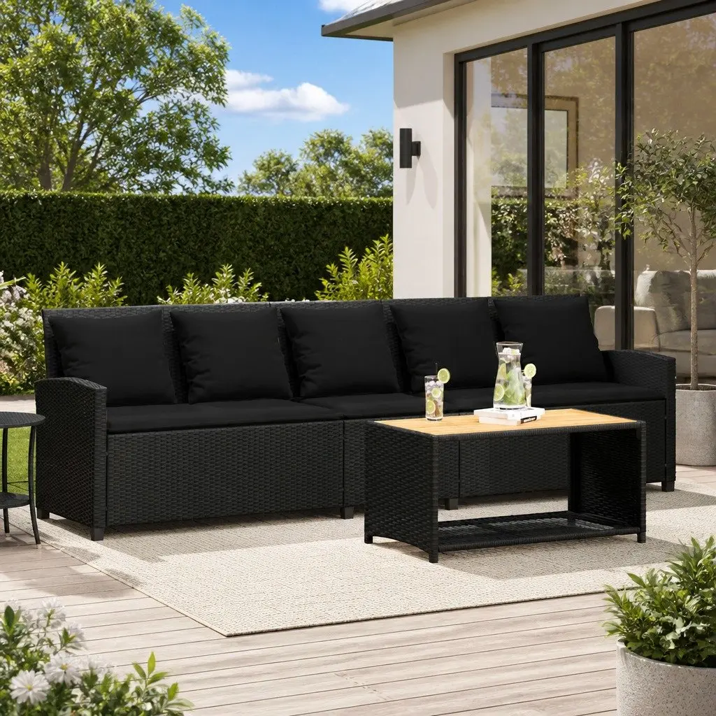 Outdoor Lounge Set Black Poly Rattan 5-Seater Garden Sofa with Cushions