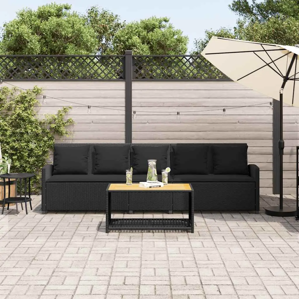 Outdoor Lounge Set Black Poly Rattan 5-Seater Garden Sofa with Cushions