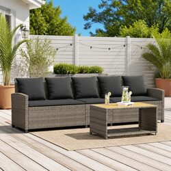 Grey Poly Rattan 5-Seater Garden Sofa with Cushions