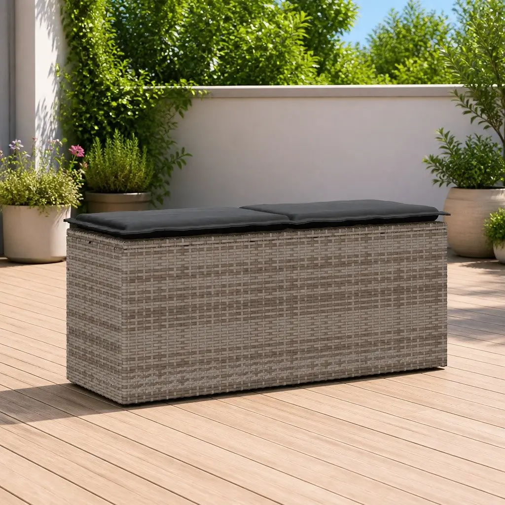 Garden Bench with Cushion Grey PE Rattan Outdoor Seating 110 x 40 x 44 cm