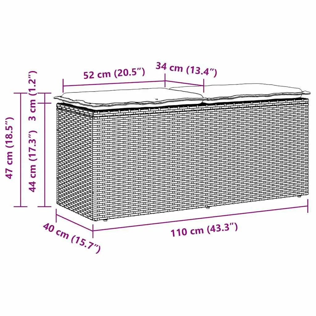 Garden Bench with Cushion Grey PE Rattan Outdoor Seating 110 x 40 x 44 cm