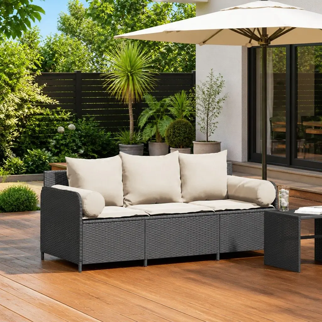 CushionedBlackRattan3SeaterPatioGardenSofaOutdoorFurniture