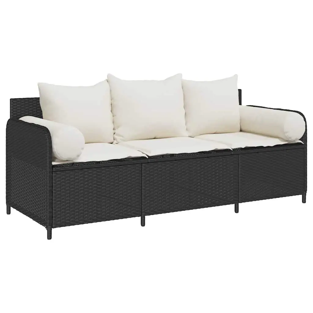 CushionedBlackRattan3SeaterPatioGardenSofaOutdoorFurniture