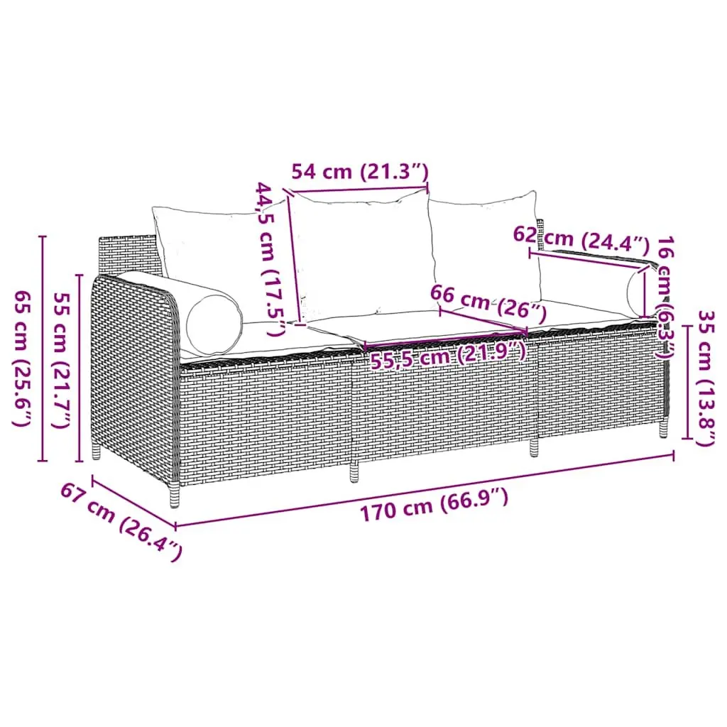CushionedBlackRattan3SeaterPatioGardenSofaOutdoorFurniture