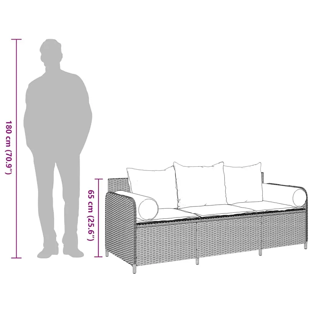 CushionedBlackRattan3SeaterPatioGardenSofaOutdoorFurniture