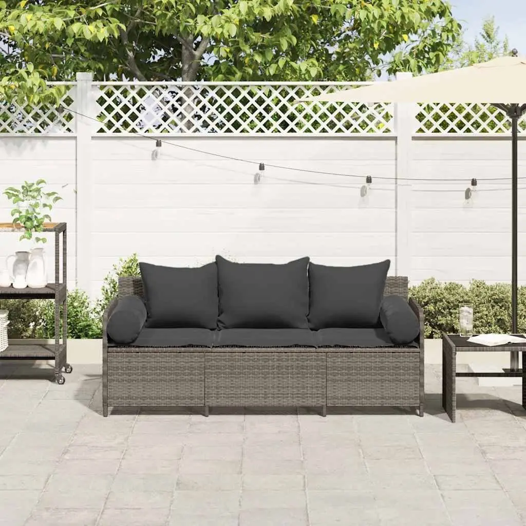 Garden Sofa 3-Seater Grey Poly Rattan Outdoor Couch with Cushions