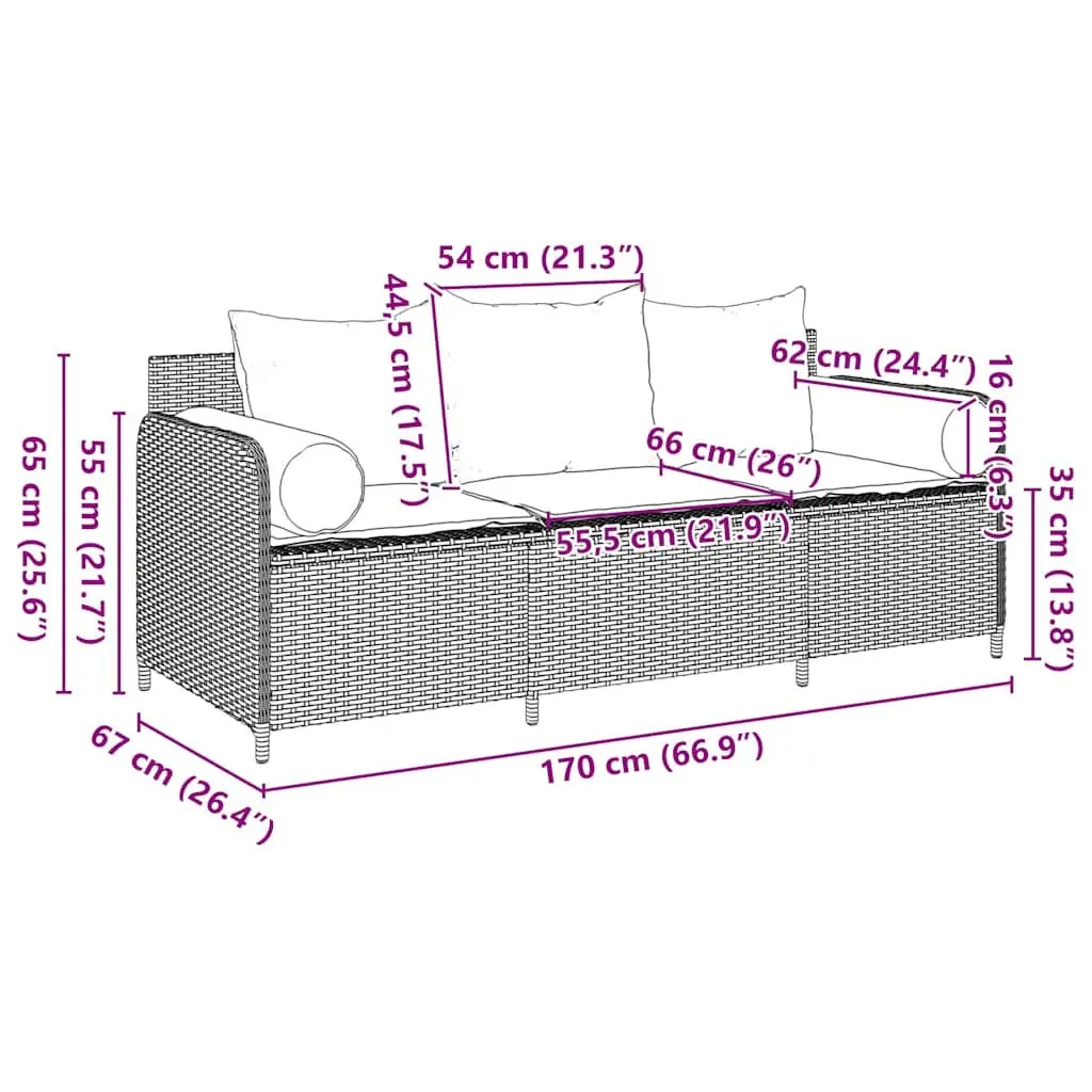 Garden Sofa 3-Seater Grey Poly Rattan Outdoor Couch with Cushions