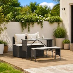 Outdoor Dining Set 3 Piece Garden Furniture Black Poly Rattan with Cushions