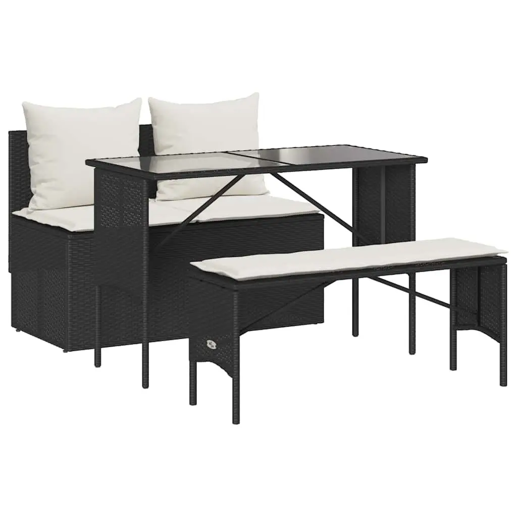 Outdoor Dining Set Black Poly Rattan 3 Piece with Cushions