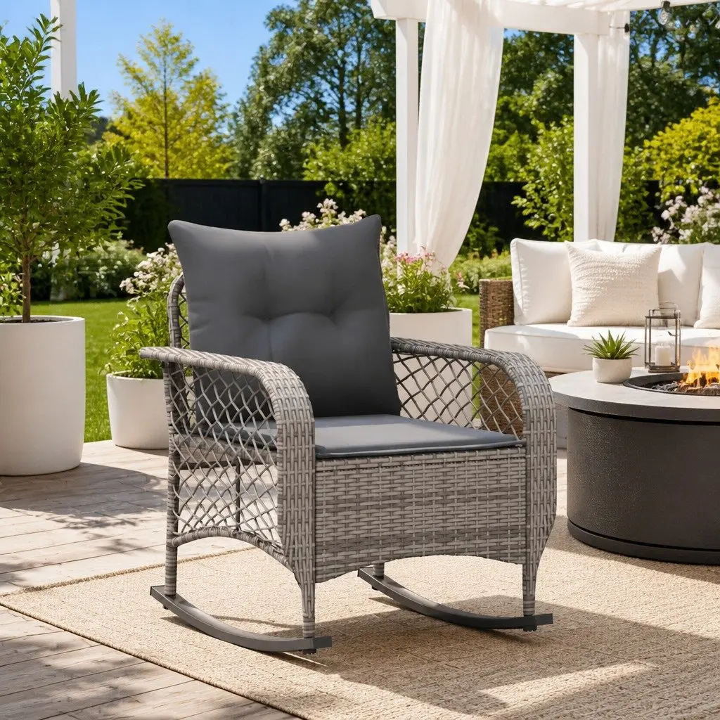 Garden Rocking Chair Grey Poly Rattan Outdoor Seating with Cushions
