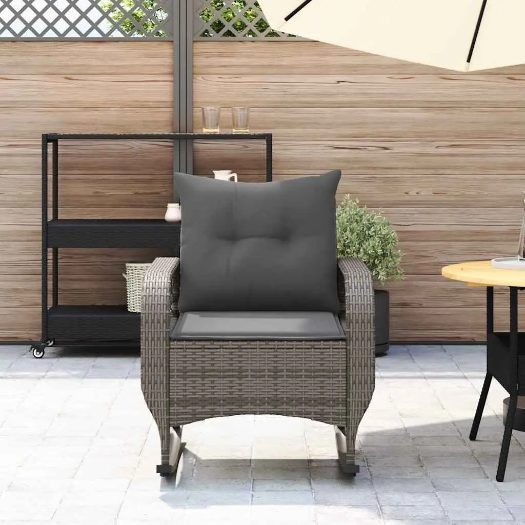 Garden Rocking Chair Grey Poly Rattan Outdoor Seating with Cushions