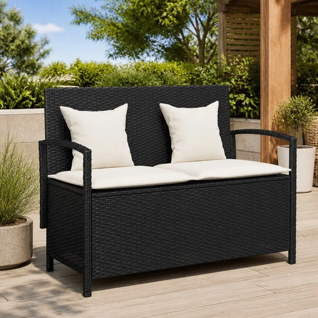 Outdoor Garden Storage Bench Black Poly Rattan with Cushion