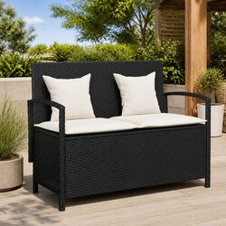 Outdoor Garden Storage Bench Black Poly Rattan Seat with Cushion Seating