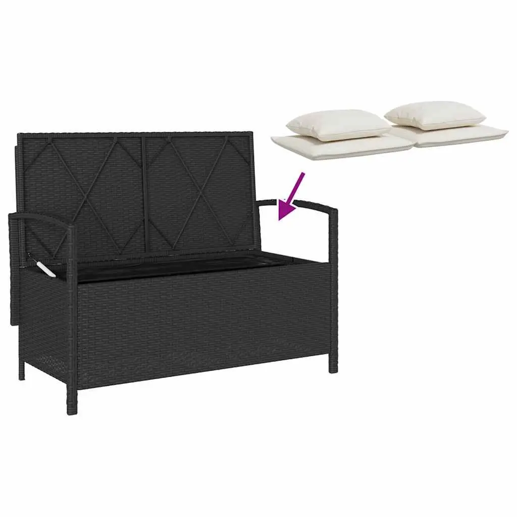 Outdoor Garden Storage Bench Black Poly Rattan with Cushion