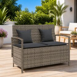 Outdoor Storage Bench with Cushion Grey Poly Rattan Garden Seating Organiser