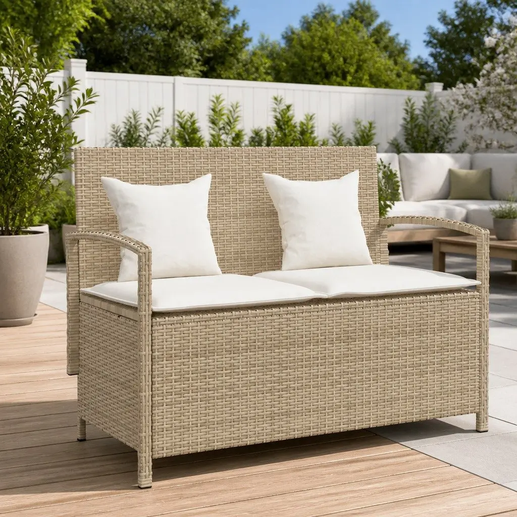 Garden Storage Bench with Cushion Poly Rattan Beige
