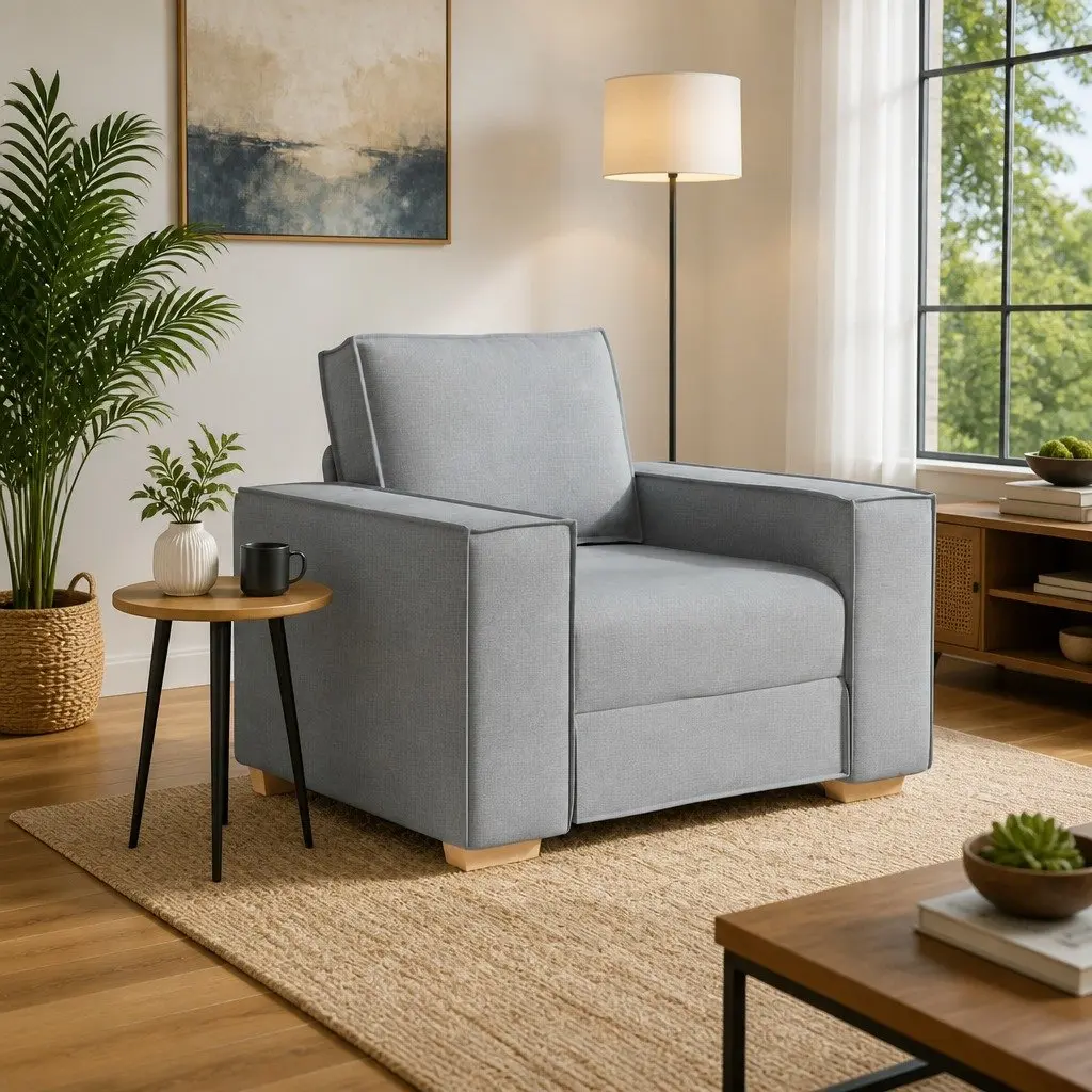 Sofa Chair Light Grey Fabric Padded Backrest Wide Armrests