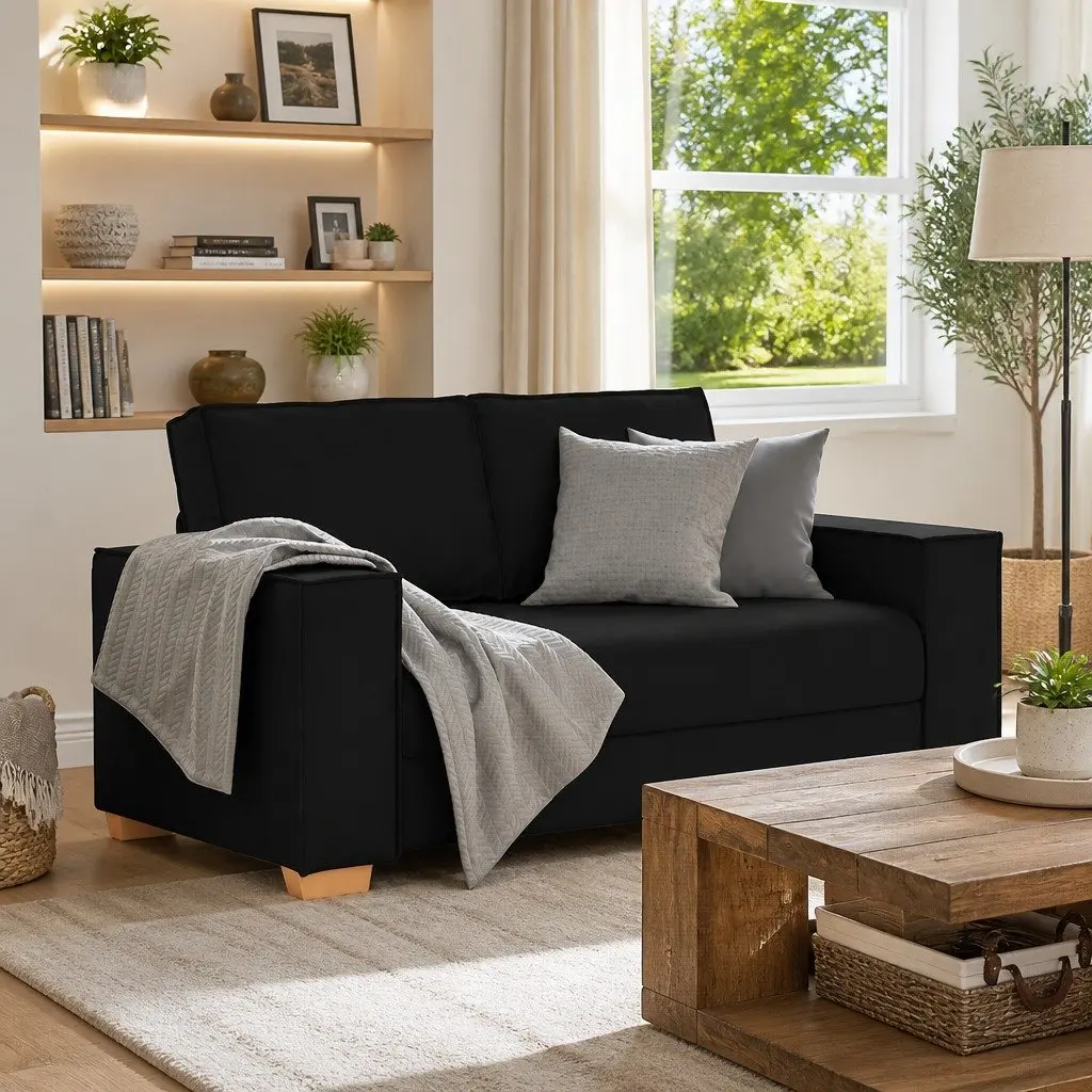 Black Fabric 2-Seater Sofa Lounge Couch with Wide Armrests 160x78x84cm