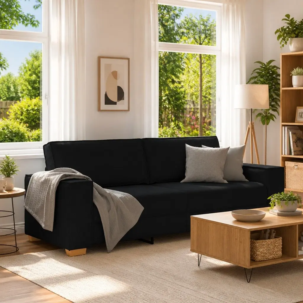 3-Seater Sofa Black Fabric Upholstered 220x78x84cm