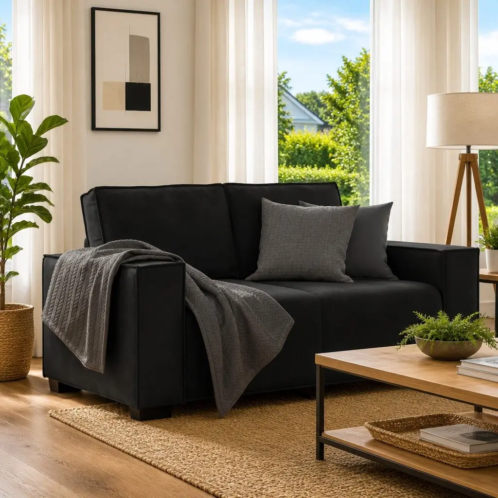 2-Seater Sofa Black Velvet Living Room Furniture Lounge Couch Armrests