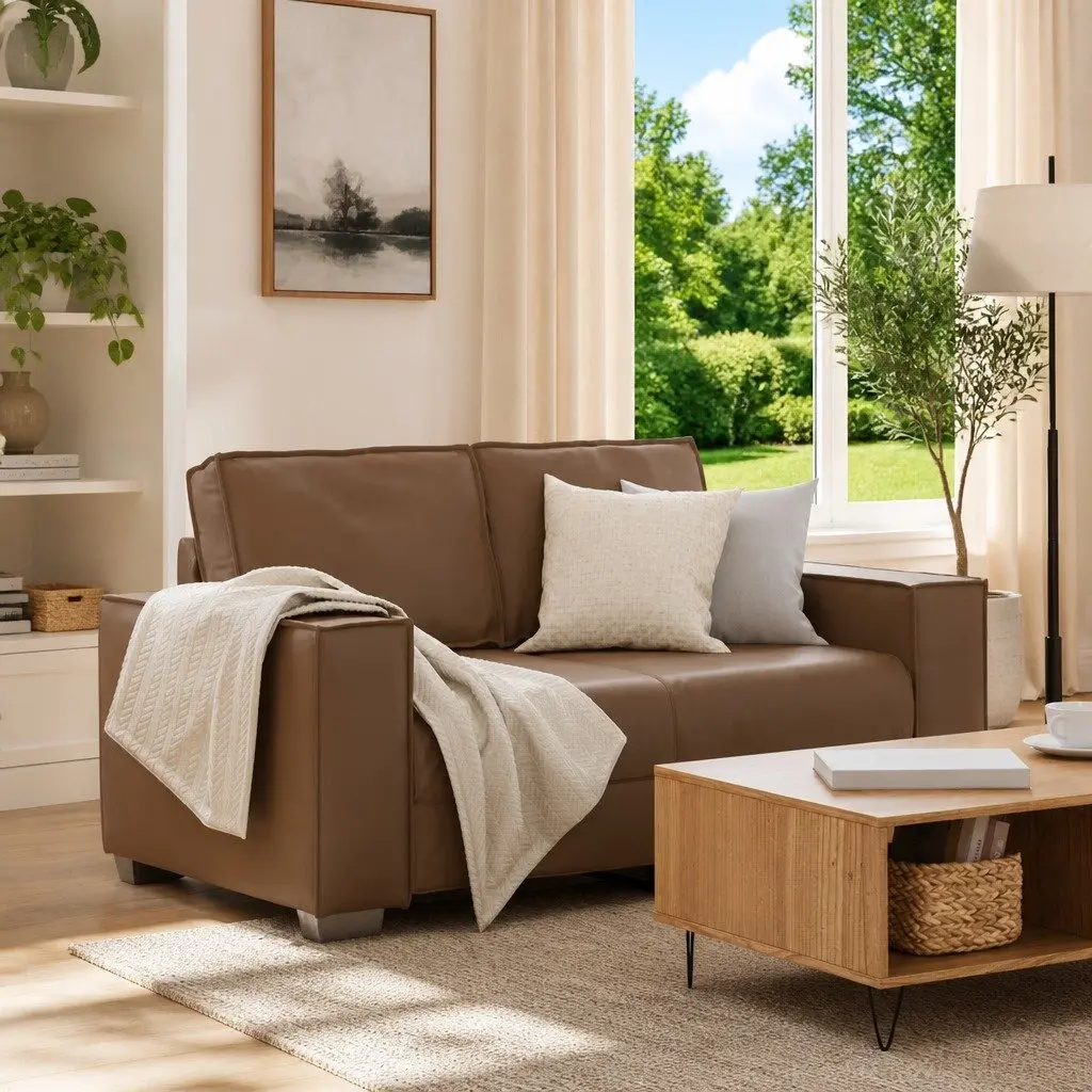 Faux Leather Loveseat Sofa 2 Seater 160 cm Indoor Seating Cappuccino Brown