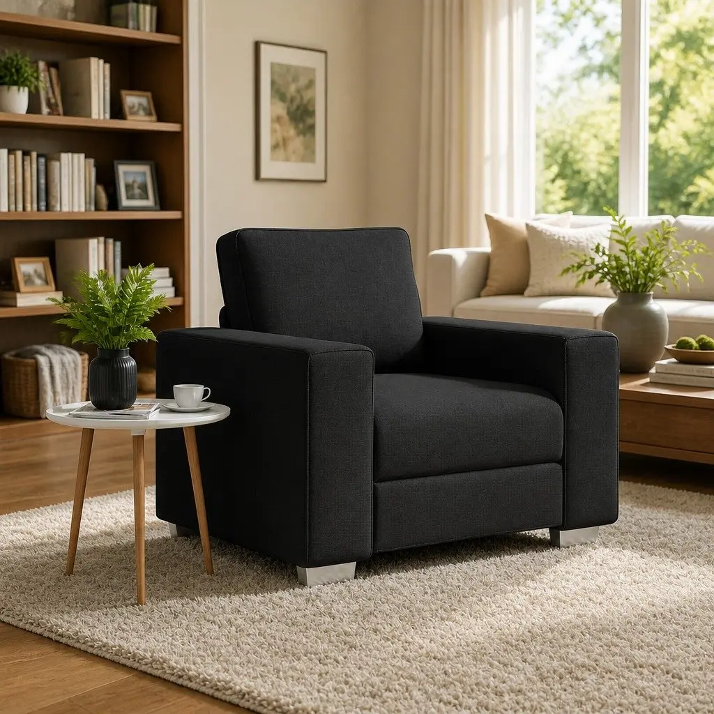 Fabric Sofa Chair Black 100cm Modern Lounge Seating with Wide Armrests