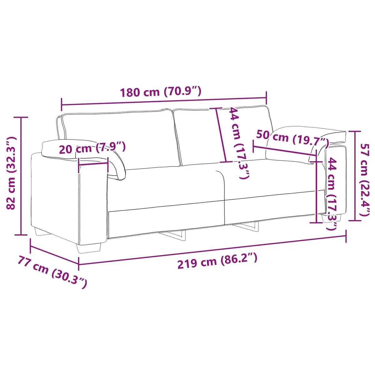 3-Seater Sofa Black 220cm Modern Living Room Couch Fabric Lounge Furniture