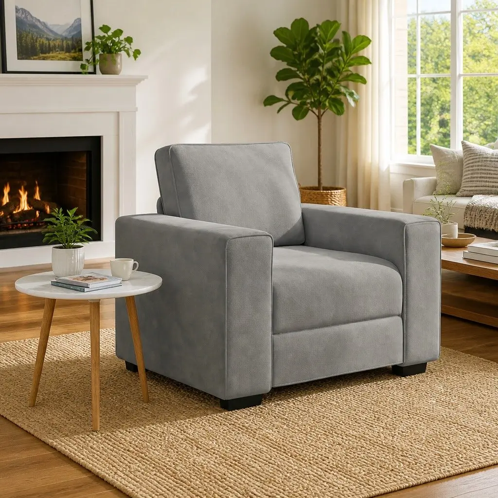 Sofa Chair Light Grey Velvet Padded Armchair 100W x 77D x 82H cm